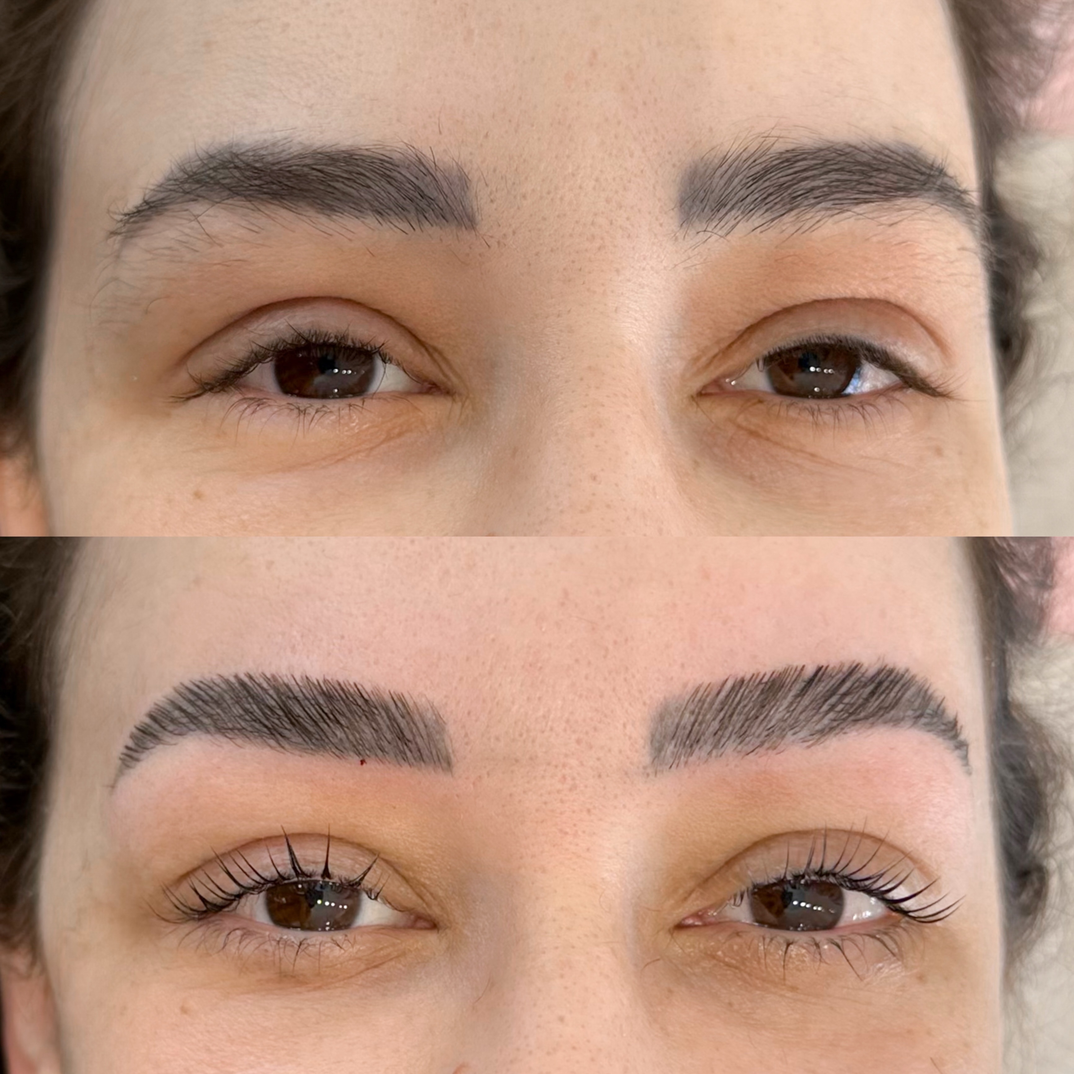 Comparação antes e depois de lash lifting e brow lamination publicada pelo studio